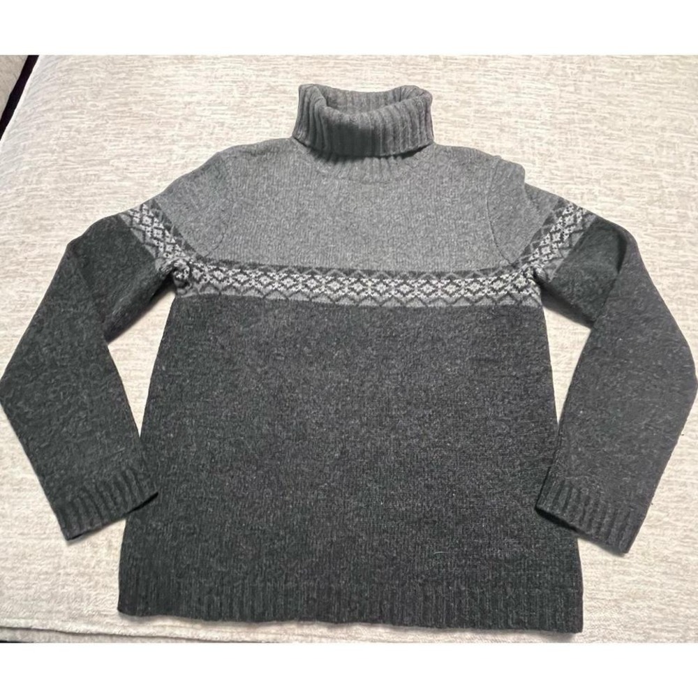 Eddie Bauer Men's Medium 100% Lambswool Turtleneck Sweater‎ Gray Fair Isle